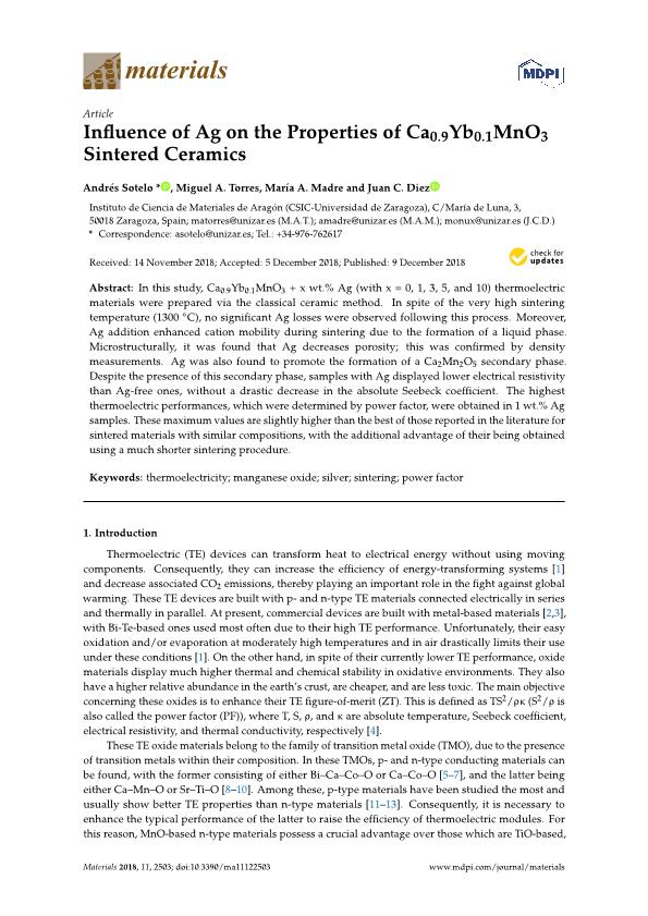 Influence of Ag on the properties of Ca0.9Yb0.1MnO3 sintered ceramics