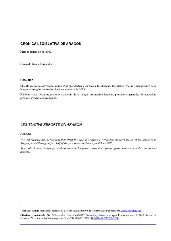 Crónica legislativa de Aragón. Primer semestre de 2018