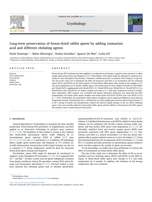 Long-term preservation of freeze-dried rabbit sperm by adding rosmarinic acid and different chelating agents