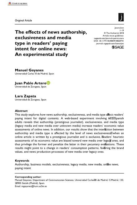 The effects of news authorship, exclusiveness and media type in readers’ paying intent for online news: An experimental study