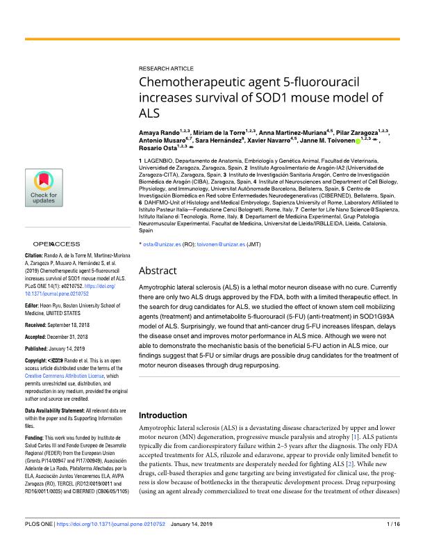 Chemotherapeutic agent 5-fluorouracil increases survival of SOD1 mouse model of ALS