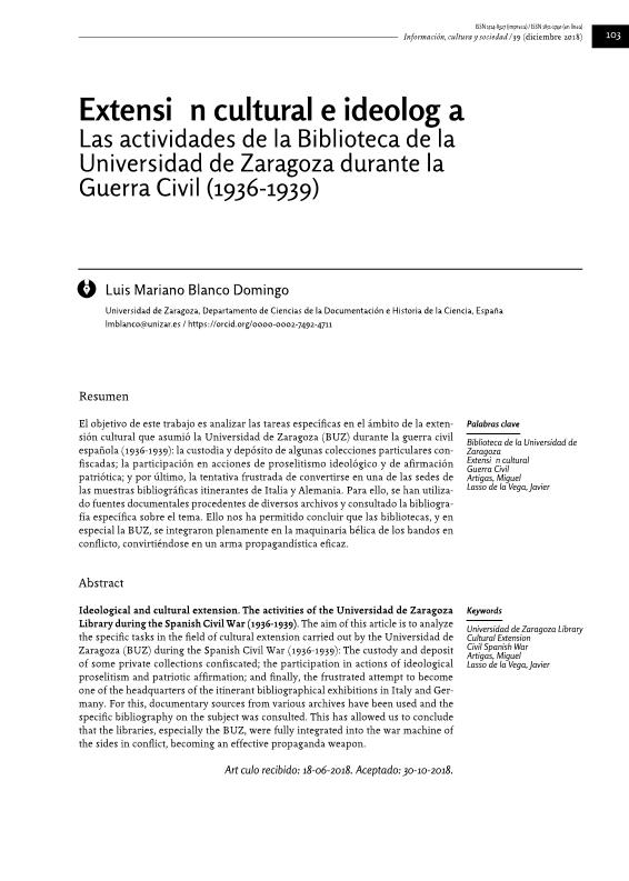 Extensión cultural e ideología. Las actividades de la Biblioteca de la Universidad de Zaragoza durante la Guerra Civil (1936-1939)