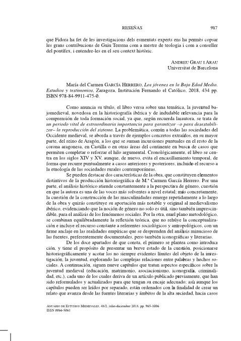 María del Carmen GARCÍA HERRERO, Los jóvenes en la Baja Edad Media. Estudios y testimonios, Zaragoza, Institución Fernando el Católico, 2018, 434 pp.