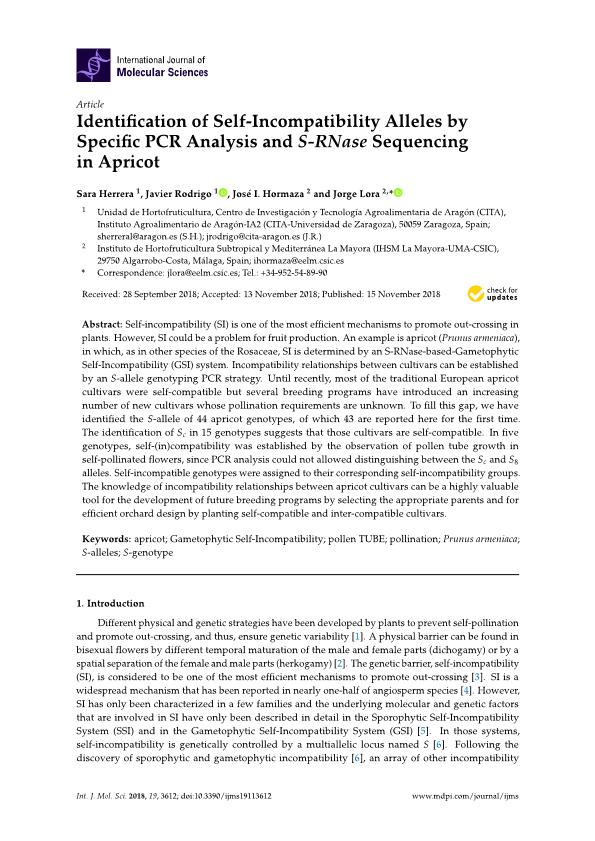 Identification of self-incompatibility alleles by specific PCR analysis and S-RNase sequencing in apricot
