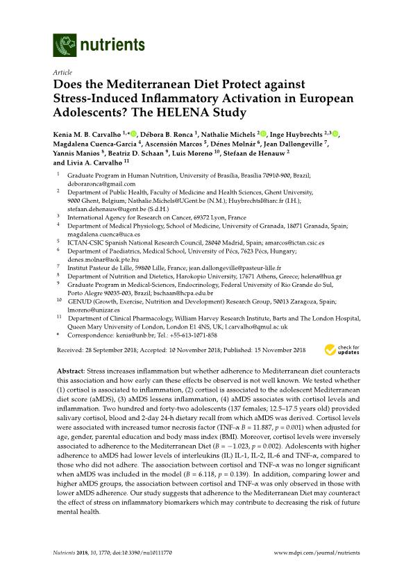 Does the Mediterranean Diet Protect against Stress-Induced Inflammatory Activation in European Adolescents? The HELENA Study