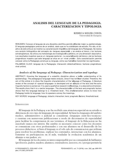Análisis del lenguaje de la Pedagogía. Caracterización y tipología