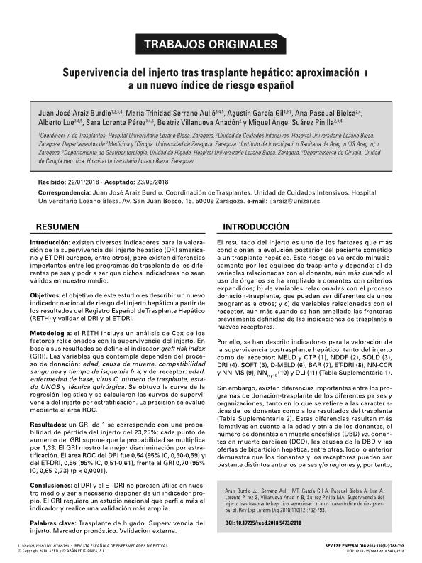 Supervivencia del injerto tras trasplante hepático: aproximación a un nuevo índice de riesgo español
