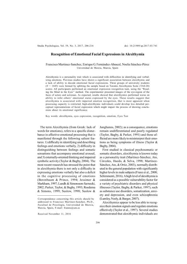 Recognition of emotional facial expressions in Alexithymia