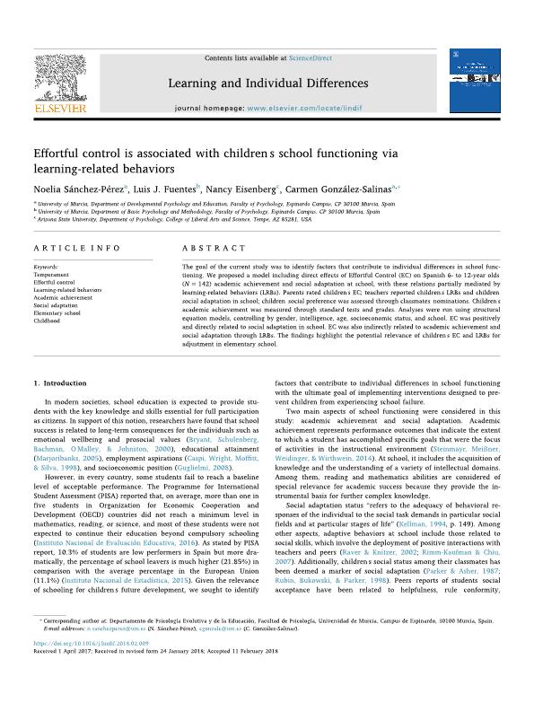 Effortful control is associated with children's school functioning via learning-related behaviors