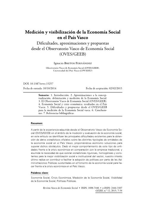 Medición y visibilización de la Economía Social en el País Vasco: dificultades, aproximaciones y propuestas desde el Observatorio Vasco de Economía Social (OVES/GEEB)