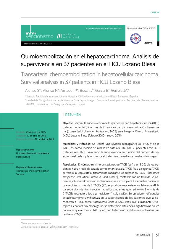 Quimioembolización en el hepatocarcinoma. Análisis de supervivencia en 37 pacientes en el HCU Lozano Blesa