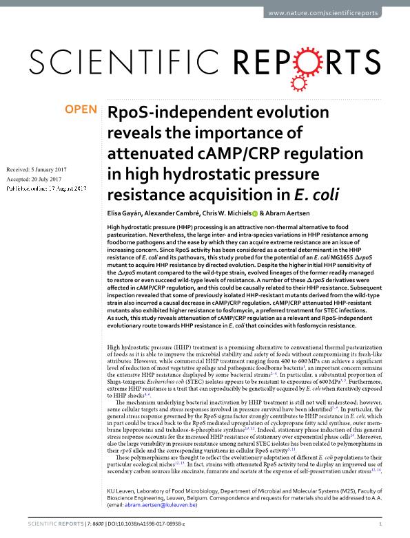 RpoS-independent evolution reveals the importance of attenuated cAMPCRP regulation in high hydrostatic pressure resistance acquisition in E. coli