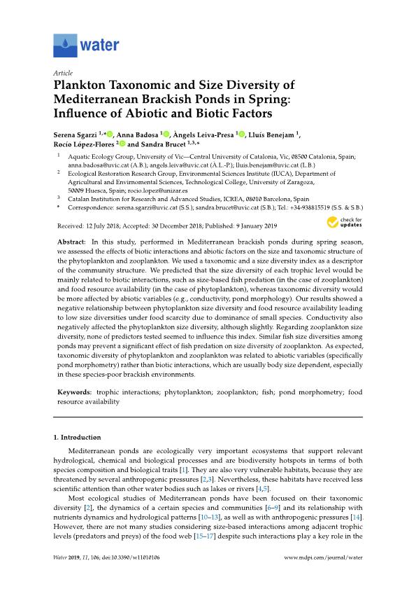 Plankton Taxonomic and Size Diversity of Mediterranean Brackish Ponds in Spring: Influence of Abiotic and Biotic Factors