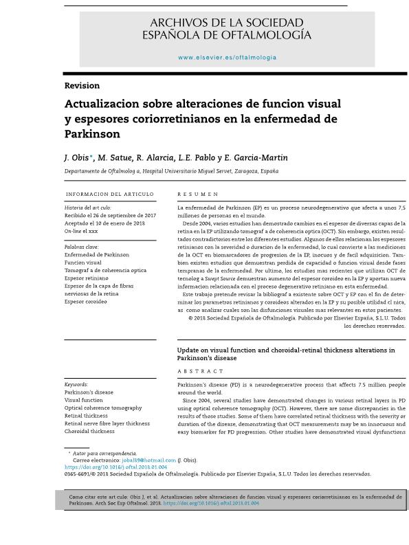 Actualización sobre alteraciones de función visual y espesores coriorretinianos en la enfermedad de Parkinson