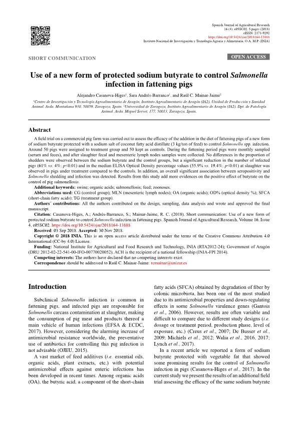 Use of a new form of protected sodium butyrate to control Salmonella infection in fattening pigs