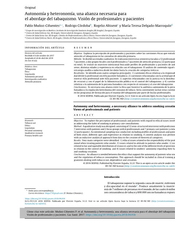 Autonomía y heteronomía, una alianza necesaria para el abordaje del tabaquismo. Visión de profesionales y pacientes