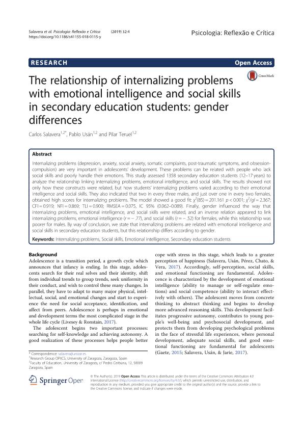 The relationship of internalizing problems with emotional intelligence and social skills in secondary education students: gender differences