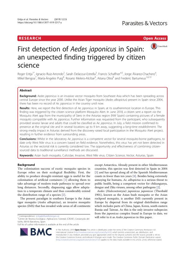 First detection of Aedes japonicus in Spain: An unexpected finding triggered by citizen science