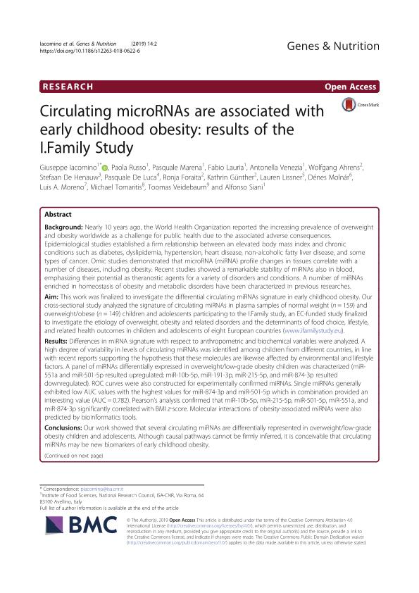 Circulating microRNAs are associated with early childhood obesity: Results of the I.Family Study