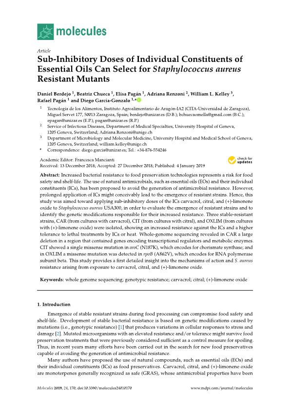 Sub-Inhibitory doses of individual constituents of essential oils can select for staphylococcus aureus resistant mutants