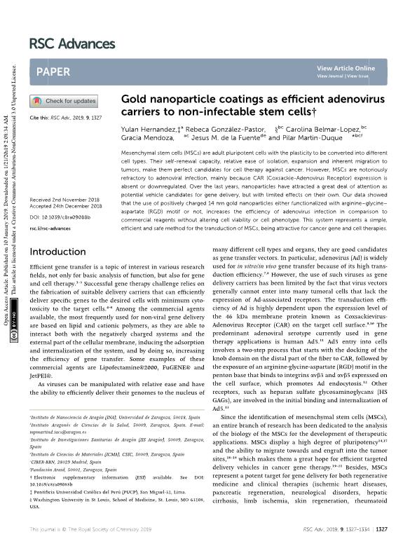 Gold nanoparticle coatings as efficient adenovirus carriers to non-infectable stem cells