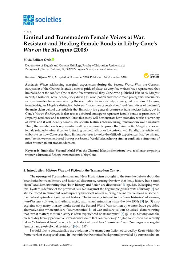 Liminal and Transmodern Female Voices at War: Resistant and Healing Female Bonds in Libby Cone's War on the Margins (2008)