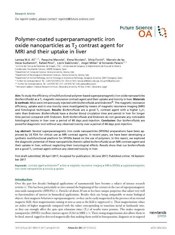 Polymer-coated superparamagnetic iron oxide nanoparticles as T-2 contrast agent for MRI and their uptake in liver