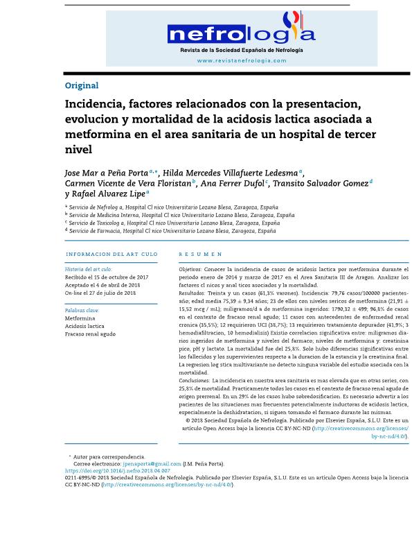 Incidencia, factores relacionados con la presentación, evolución y mortalidad de la acidosis láctica asociada a metformina en el área sanitaria de un hospital de tercer nivel