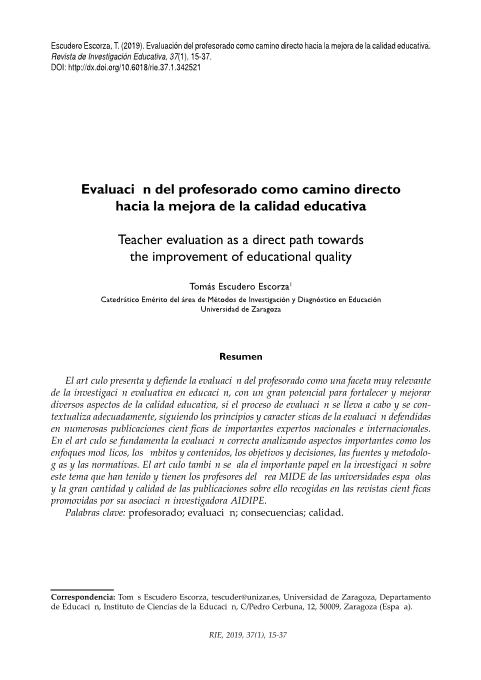 Evaluación del Profesorado como camino directo hacia la mejora de la Calidad Educativa