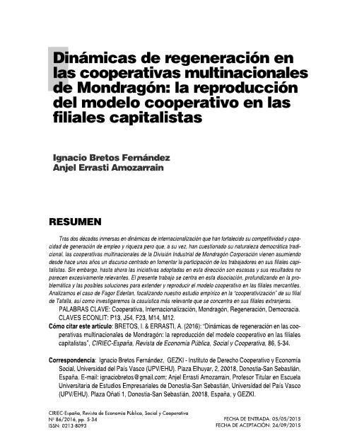 Dinámicas de regeneración en las cooperativas multinacionales de Mondragón: La reproducción del modelo cooperativo en las filiales capitalistas