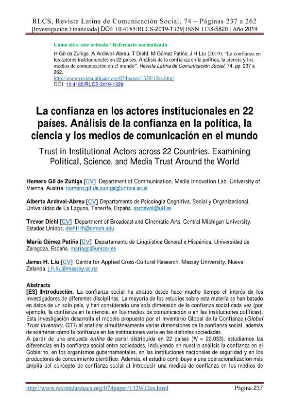 La confianza en los actores institucionales en 22 países. Análisis de la confianza en la política, la ciencia y los medios de comunicación en el mundo
