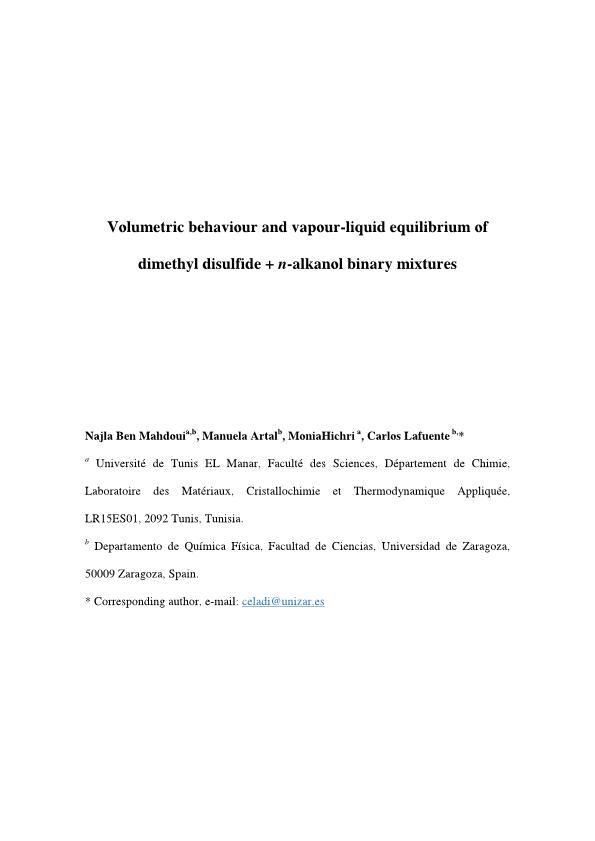 Volumetric Behavior and Vapor–Liquid Equilibrium of Dimethyl Disulfide + n-Alkanol Binary Mixtures