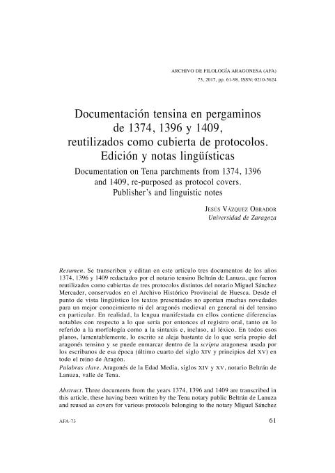 Documentación tensina en pergaminos de 1374, 1396 y 1409, reutilizados como cubierta de protocolos. Edición y notas lingüísticas