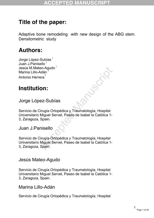 Adaptive Bone Remodeling With New Design of the ABG Stem. Densitometric Study