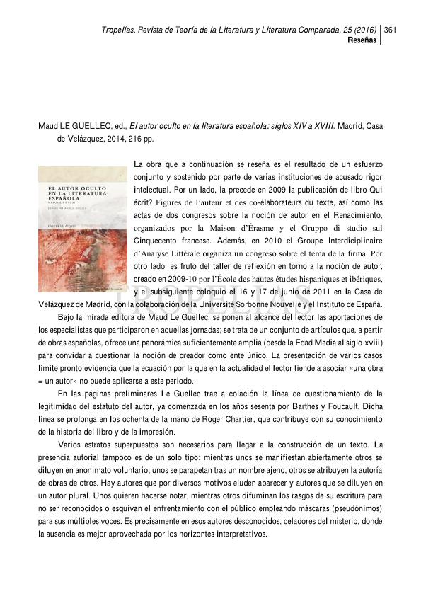 Le Guellec, Maud, ed. (2014), 'El autor oculto en la literatura española: siglos XIV a XVIII. Madrid, Casa de Velázquez.