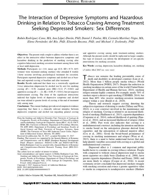The interaction of depressive symptoms and hazardous drinking in relation to tobacco craving among treatment seeking depressed smokers: Sex differences