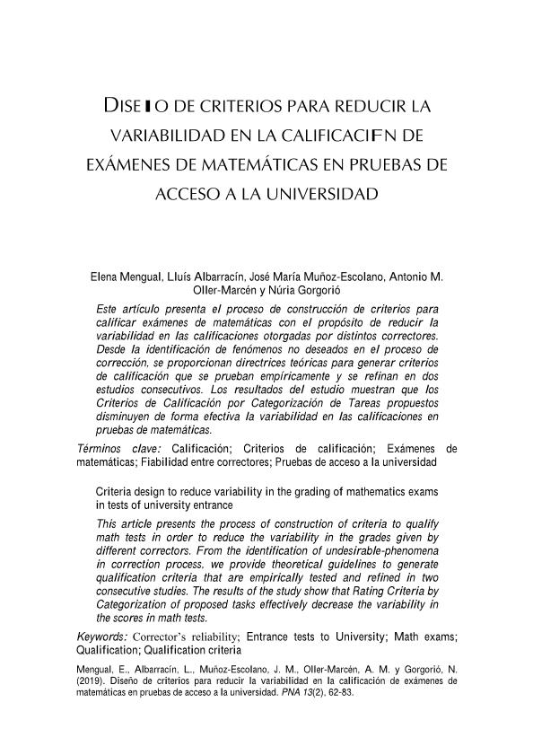 Diseño de criterios para reducir la variabilidad en la calificación de exámenes de matemáticas en pruebas de acceso a la universidad [Criteria design to reduce variability in the grading of mathematics exams in tests of university entrance]