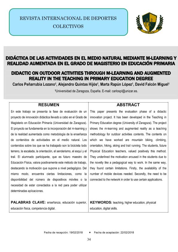 Didáctica de las Actividades en el medio natural mediante m-learning y realidad aumentada en el Grado de Magisterio en Educación Primaria