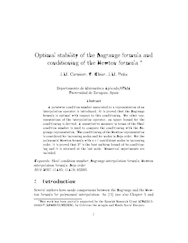 Optimal stability of the Lagrange formula and conditioning of the Newton formula