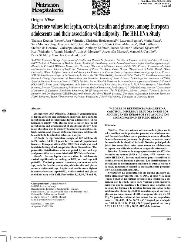 Reference values for leptin, Cortisol, Insulin and glucose, Among european adolescents and their association with adiposity: The HELENA study