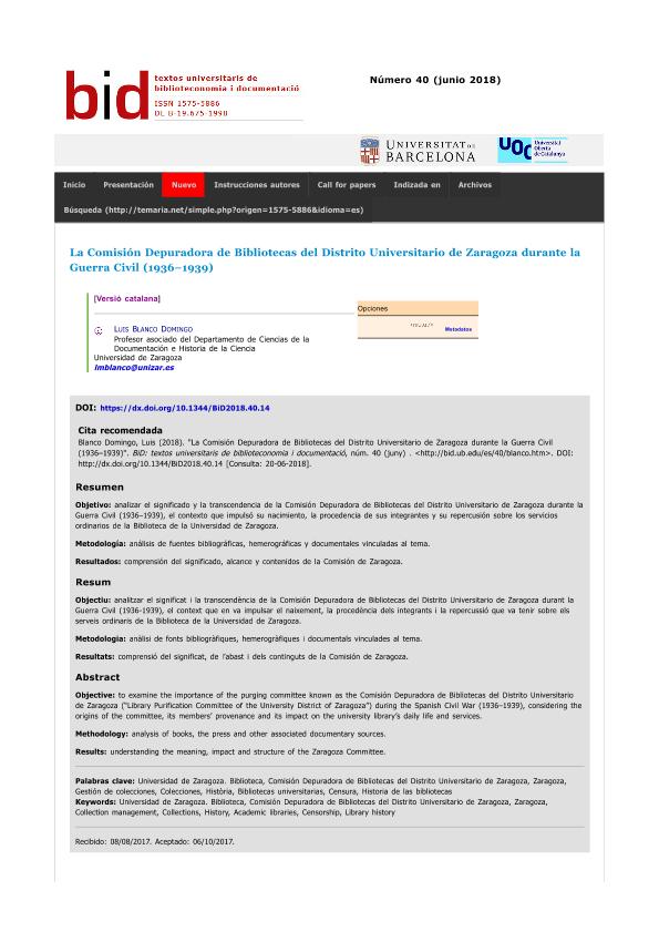 La Comisión Depuradora de Bibliotecas del Distrito Universitario de Zaragoza durante la Guerra Civil (1936-1939)