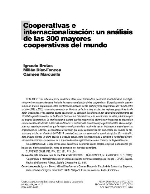 Cooperativas e internacionalización: Un análisis de las 300 mayores cooperativas del mundo