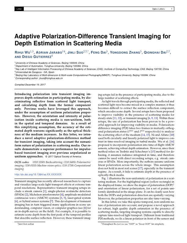 Adaptive polarization-difference transient imaging for depth estimation in scattering media