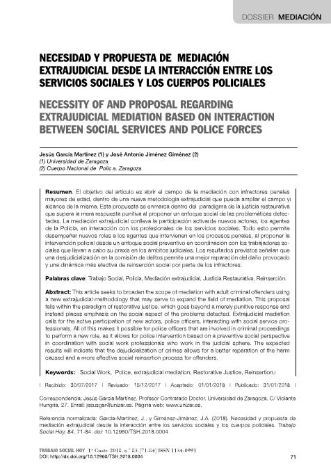 Necesidad y propuesta de mediación extrajudicial desde la interacción entre los servicios sociales y los cuerpos policiales