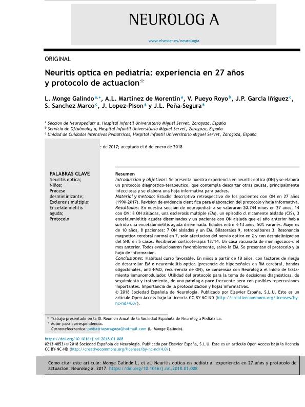 Neuritis óptica en pediatría: Experiencia en 27 años y protocolo de actuación