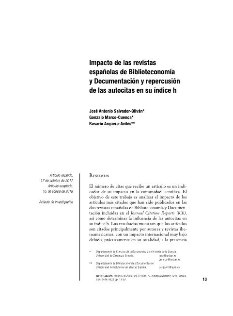 Impacto de las revistas españolas de biblioteconomía y documentación y repercusión de las autocitas en su índice h