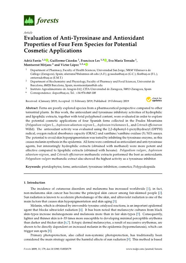 Evaluation of anti-tyrosinase and antioxidant properties of four fern species for potential cosmetic applications