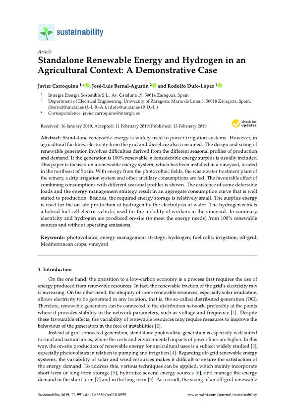 Standalone Renewable Energy and Hydrogen in an Agricultural Context: A Demonstrative Case