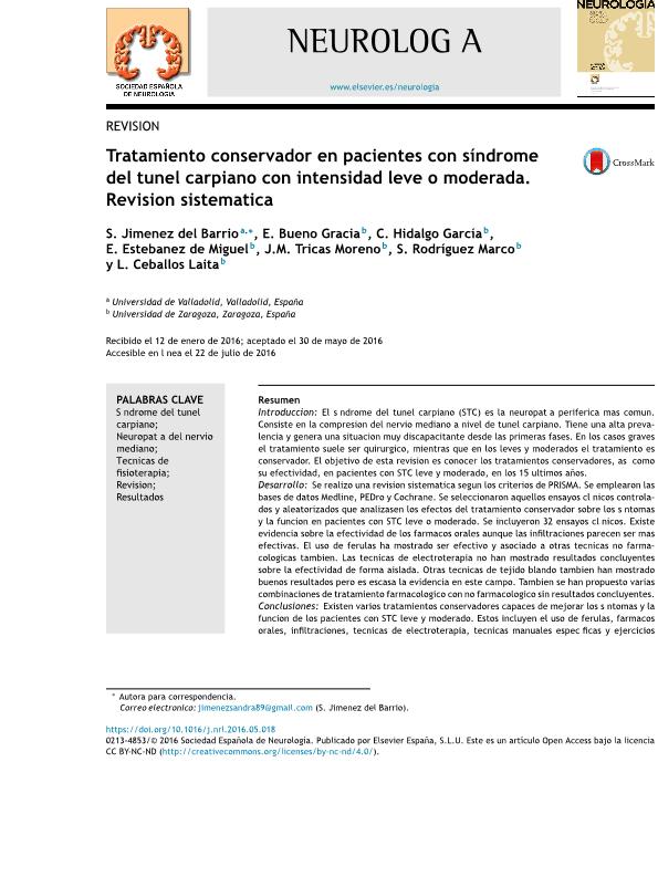 Tratamiento conservador en pacientes con síndrome del túnel carpiano con intensidad leve o moderada. Revisión sistemática