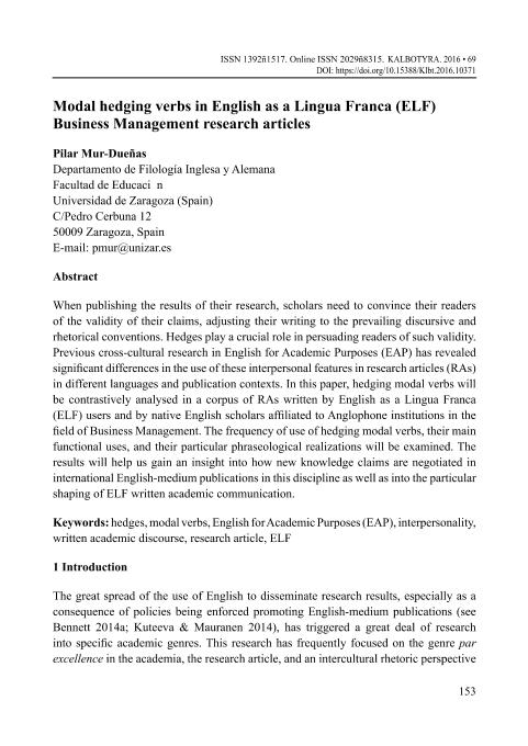 Modal hedging verbs in English as a Lingua Franca (ELF) Business Management research articles